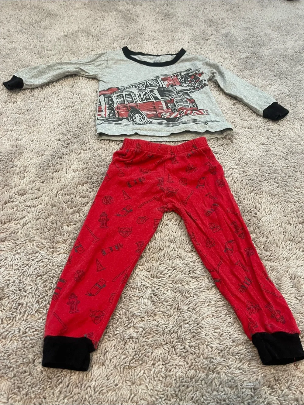 Kids Red Firetruck Pajama Set with Gray Top